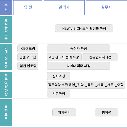 구분-임원,관리자,실무자
                  조직문화구축 - New Vision 조직 활성화 과정
                  미래리더육성 - ceo포럼,임원 워크샵,임원 멘토링, 승진과 과정, 고급관리자 점례특강, 신규입사자과정, 차세대리더과정
                  직무역량향상 - 심화과정,직무역량 스쿨운영,전략,품질,제품,재무,어학,기본과정
                  특화교육-위기관리, 창의력