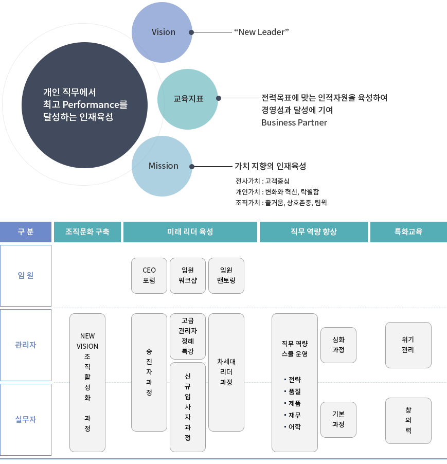 
                  개인직무에서 최고 Performance를 달성하는 인재육성 
                  1.vision-New Leader
                  2.교육지표-전력목표에 맞는 인적자원을 육성하여 경영성과 달성에 기여 Business Partner
                  3.Mission-가치 지향의 인재육성 1)전사가치:고객중심,2)개인가치:변화와 혁신,탁월함,3)조작가치:즐거움,상호존중,팀웍
                  구분-임원,관리자,실무자
                  조직문화구축 - New Vision 조직 활성화 과정
                  미래리더육성 - ceo포럼,임원 워크샵,임원 멘토링, 승진과 과정, 고급관리자 점례특강, 신규입사자과정, 차세대리더과정
                  직무역량향상 - 심화과정,직무역량 스쿨운영,전략,품질,제품,재무,어학,기본과정
                  특화교육-위기관리, 창의력
                 